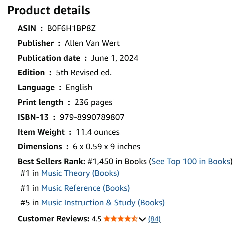 Amazon Product Details showing Best Sellers Rank #1,800 in Books, #1 in Music Theory, #1 in Music Reference