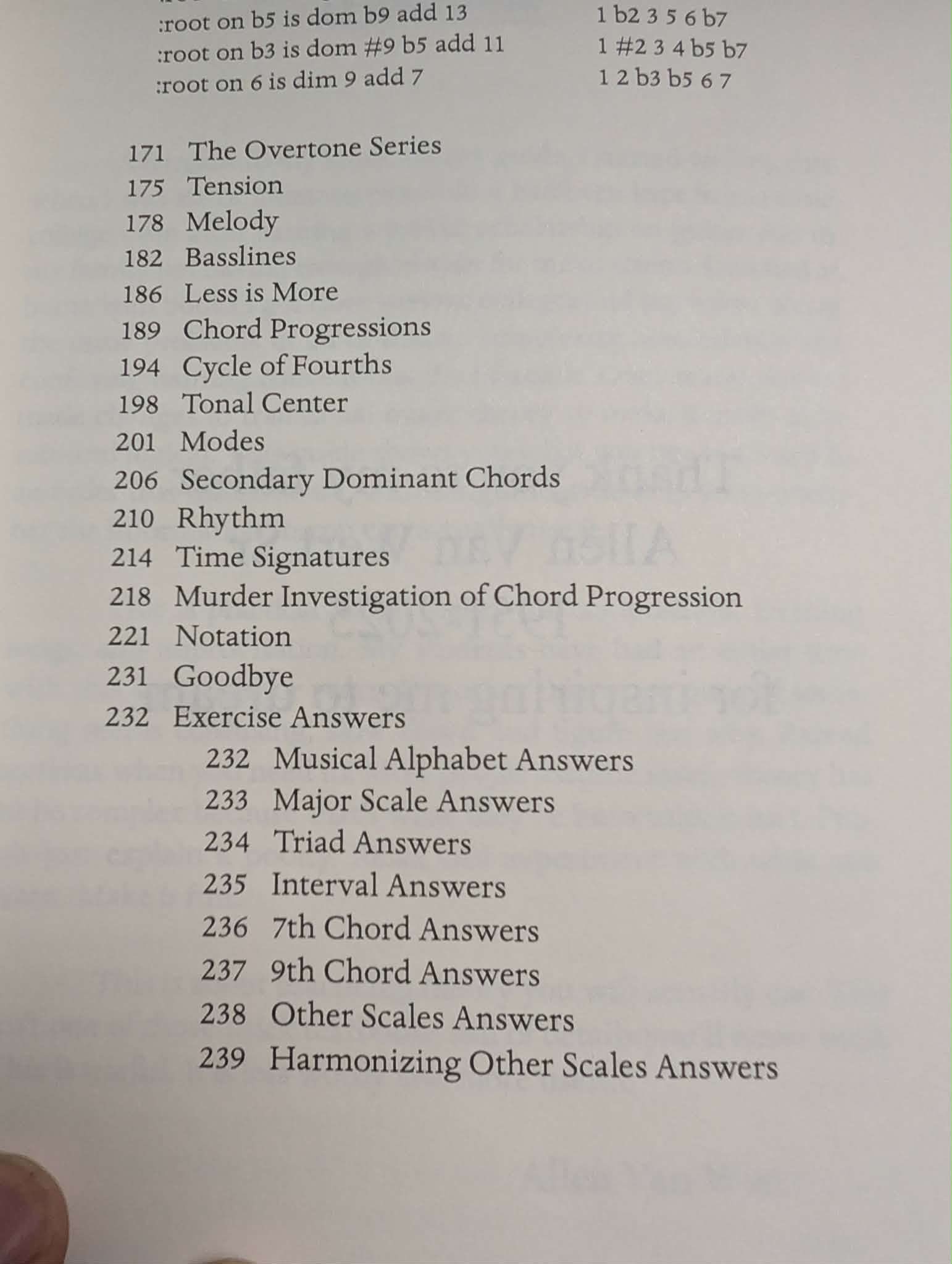 Music theory book contents continued - scales, modes, chords chapters